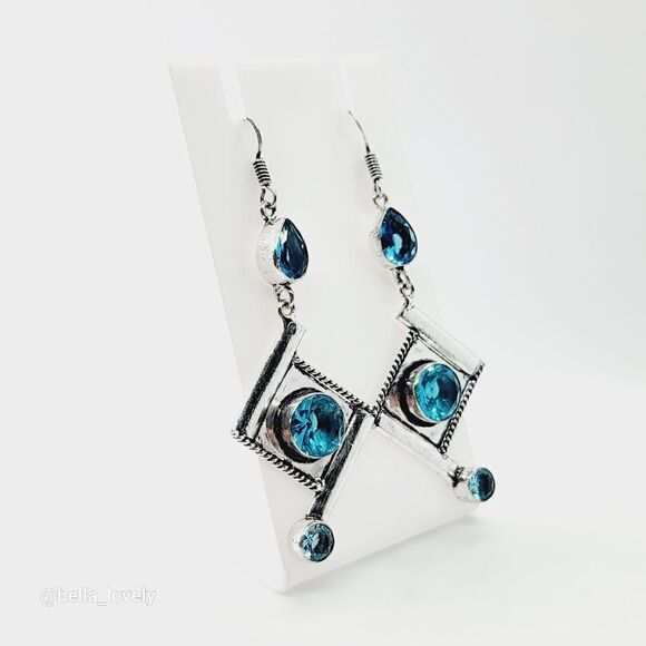 Unique Blue Topaz Handmade Drop Dangle Earrings Jewelry 2.95" - Picture 5 of 7